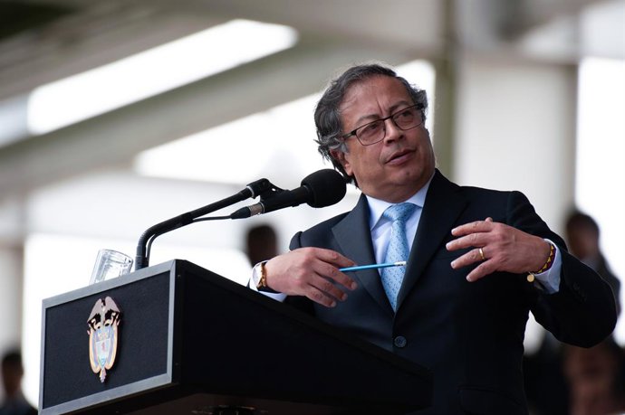 May 9, 2023, Bogota, Cundinamarca, Colombia: Colombia's president Gustavo Petro gives a speach during the ceremony of the new Colombian Police Director William Rene Salamanca at the General Santander Police Academy in Bogota, Colombia. May 9, 2023.