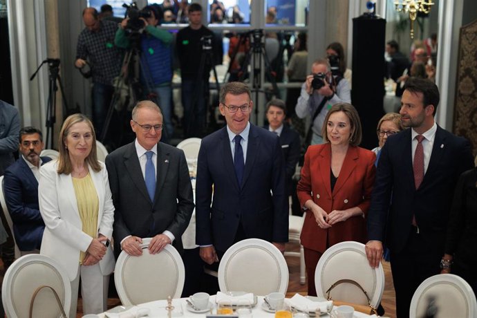 (I-D) La vicepresidenta del Congreso de los Diputados y secretaria de Política Social del PP, Ana Pastor; el candidato del PP a la Presidencia del Principado de Asturias, Diego Canga; el presidente del Partido Popular, Alberto Núñez Feijóo; la portavoz 