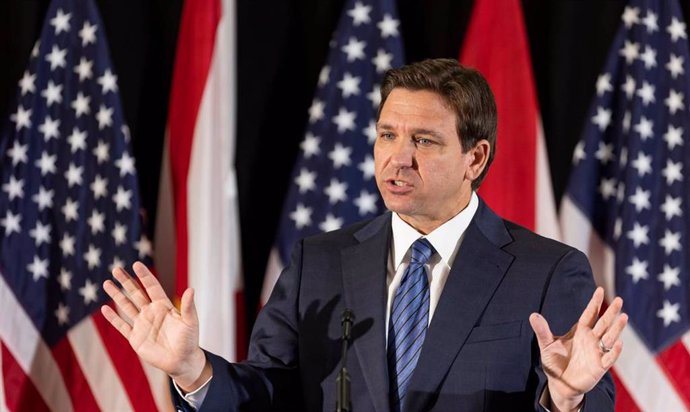 May 25, 2023: Florida Gov. Ron DeSantis during a press conference at Christopher Columbus High School on Monday, March 27, 2023, in Miami. The Republican almost won the Democratic stronghold in 2022, and he's picked Miami for his first donor event after a