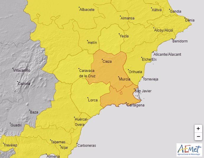 Mapa de avisos meteorológicos adversos activos en la Región