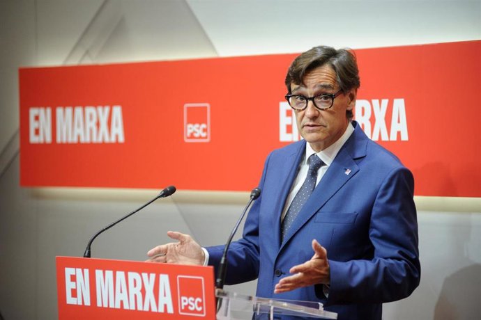 El líder del PSC, Salvador Illa, durante una rueda de prensa, a 29 de mayo de 2023, en Barcelona, Catalunya (España)