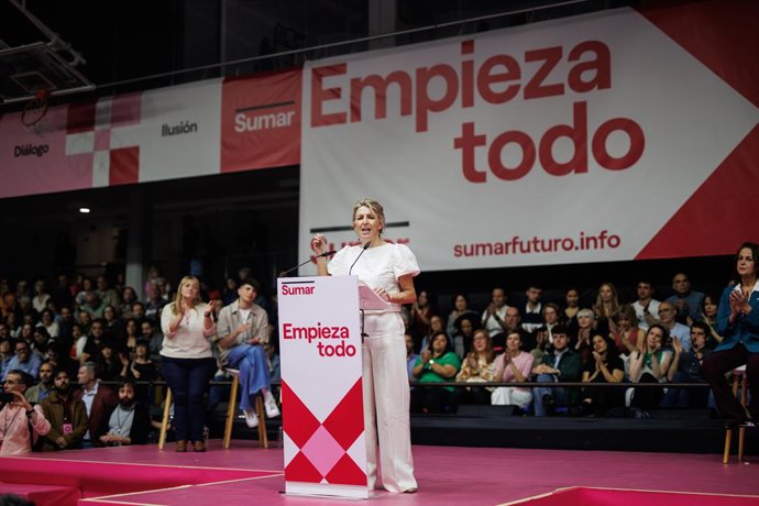 Archivo - Arxivo - La vicepresidenta segona i ministra de Treball i Economia Social, Yolanda Díaz, intervé durant un acte de 'Sumar en el poliesportiu Antonio Magariños, a 2 d'abril de 2023, a Madrid, (Espanya).