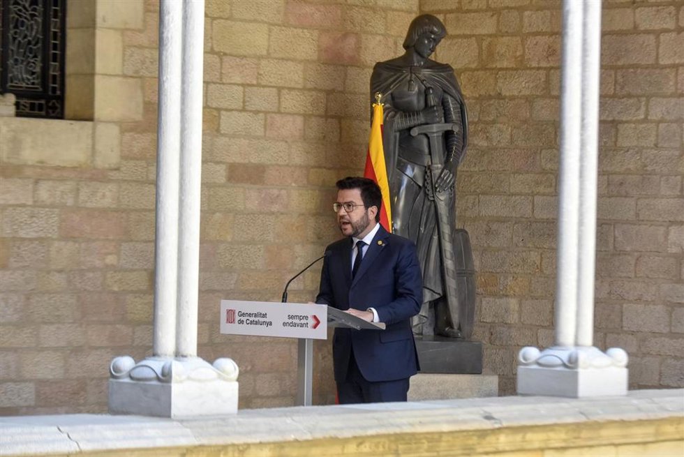 El presidente de la Generalitat, Pere Aragons, interviene durante una rueda de prensa tras el Consell Executiu semanal, a 30 de mayo de 2023, en Barcelona, Catalunya (España). El Consell Executiu ha analizado los resultados tras las elecciones municipa