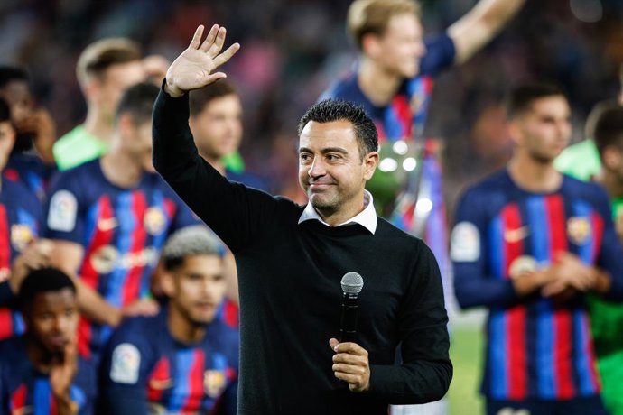 Xavi Hernandez celebrates the victory  of La Liga 2022/2023 season after the match against Real Sociedad at Spotify Camp Nou in Barcelona, Spain, on May 20th, 2023.