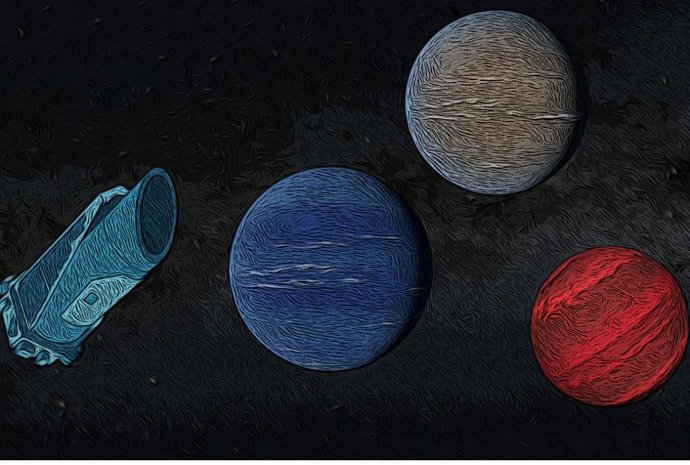 Esta ilustración muestra el telescopio espacial Kepler de la NASA, que se retiró en octubre de 2018, y tres planetas descubiertos en sus últimos días de datos.