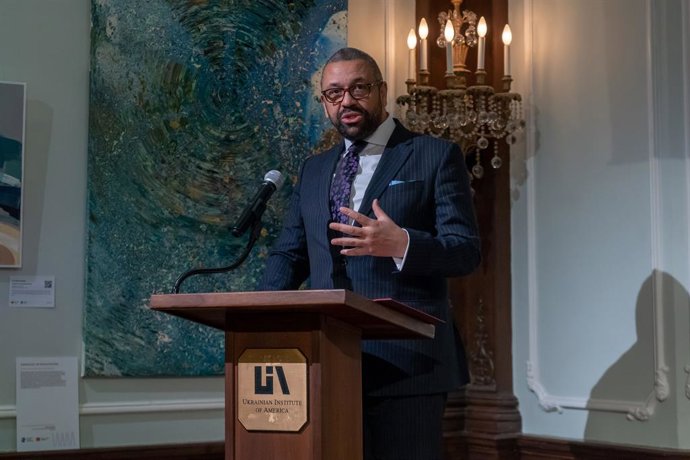 Archivo - February 24, 2023, New York, United States: Secretary of State for Foreign, Commonwealth and Development Affairs James Cleverly speaks at the ''Unbreakable Spirit: Commemorating One Year of Ukraine's Resilience & Resistance'' Open House that m