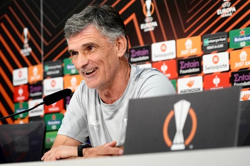 El entrenador del Sevilla FC, José Luis Mendilibar, en rueda de prensa de la Liga Europa