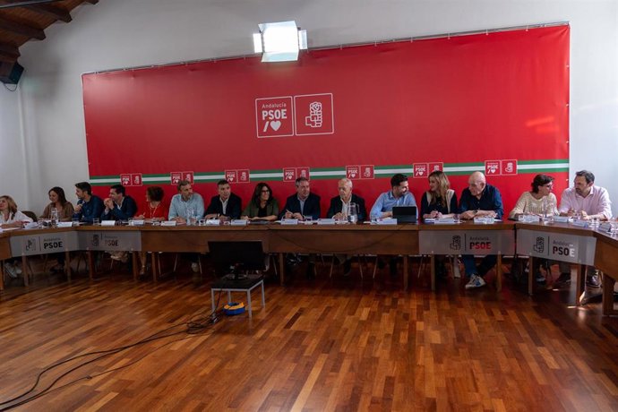 El secretario general del PSOE de Andalucía, Juan Espadas (8i) junto a la portavoz del PSOE, Ángeles Ferrez, (6d) el presidente del PSOE Andaluz, Manuel Pezzi (7d)  y el secretario organización, Noel López (d) en la reunión de la Comisión Ejecutiva, a 3