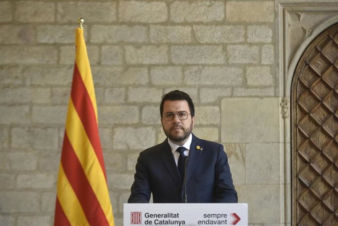 El presidente de la Generalitat, Pere Aragons, interviene durante una rueda de prensa tras el Consell Executiu semanal, a 30 de mayo de 2023, en Barcelona, Catalunya (España). 