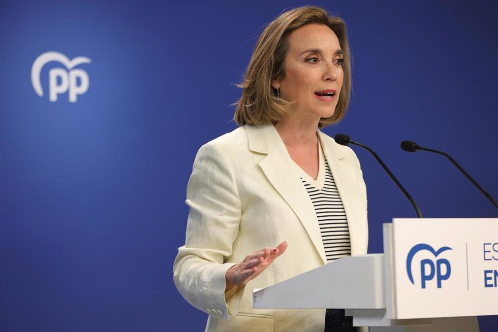 La secretaria general del Partido Popular, Cuca Gamarra, comparece en una rueda de prensa durante el seguimiento de la jornada electoral en la sede nacional del PP, a 28 de mayo de 2023, en Madrid (España). Hoy, 28M, se celebran elecciones municipales e
