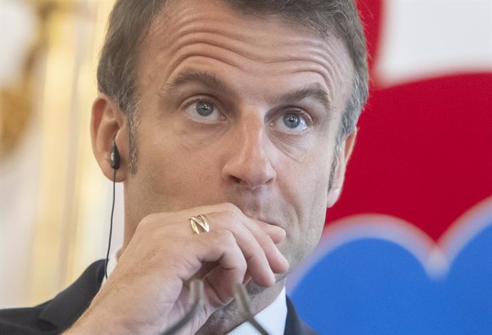 31 May 2023, Slovakia, Bratislava: French President Emmanuel Macron speaks during a press conference after his meeting with Slovak President Zuzana Caputova (Not Pictured) at the Presidential Palace. Photo: Martin Baumann/TASR/dpa