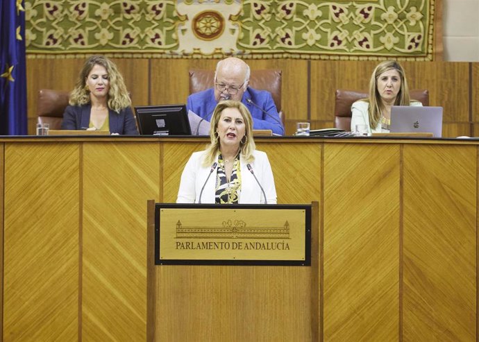 La consejera de Economía, Hacienda y Fondos Europeos, Carolina España, en el Pleno del Parlamento andaluz.
