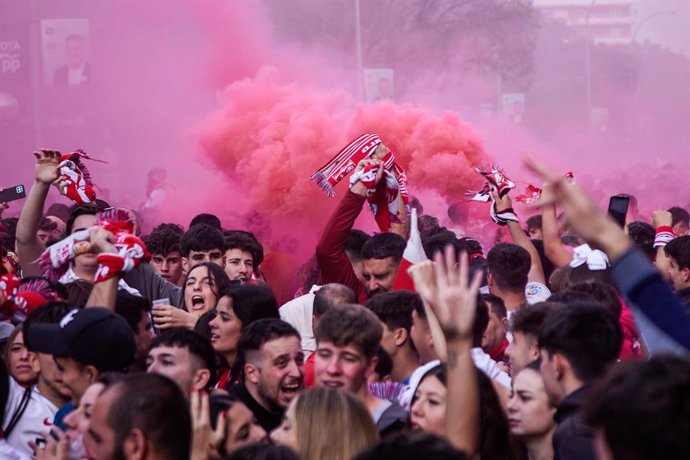 Sevilla FC fans await the arrival of their team's bus before the spanish league, La Liga Santander, football match played between Sevilla FC and Real Betis at Ramon Sanchez Pizjuan stadium on May 21, 2023, in Sevilla, Spain.