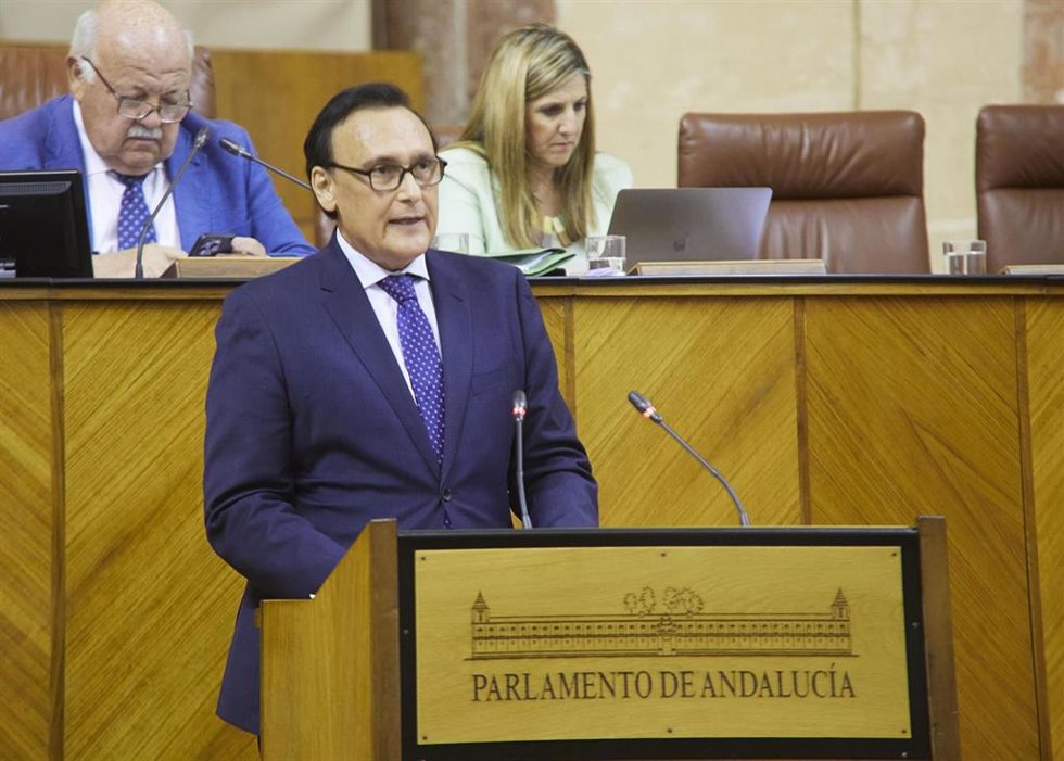 El consejero de Universidad, Investigación e Innovación, José Carlos Gómez Villamandos. En el Pleno del Parlamento andaluz.