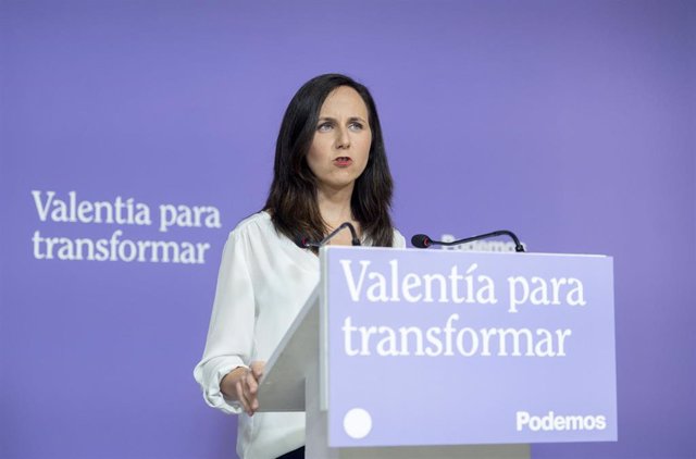 La líder de Podemos y ministra de Derechos Sociales, Ione Belarra, interviene durante una rueda de prensa en la sede de Podemos, a 29 de mayo de 2023, en Madrid (España).