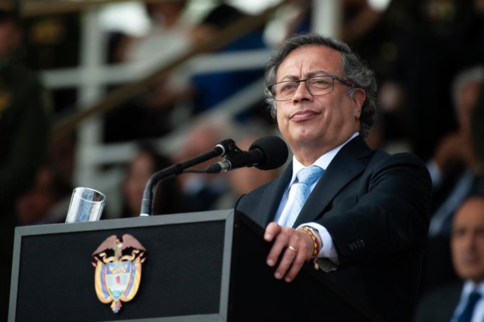 May 9, 2023, Bogota, Cundinamarca, Colombia: Colombia's president Gustavo Petro gives a speach during the ceremony of the new Colombian Police Director William Rene Salamanca at the General Santander Police Academy in Bogota, Colombia. May 9, 2023.