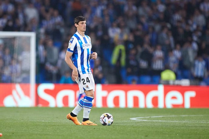Robin Le Normand of Real Sociedad in action during the La Liga Santander match between Real Sociedad and UD Almeria at Reale Arena on May 23, 2023, in San Sebastian, Spain.