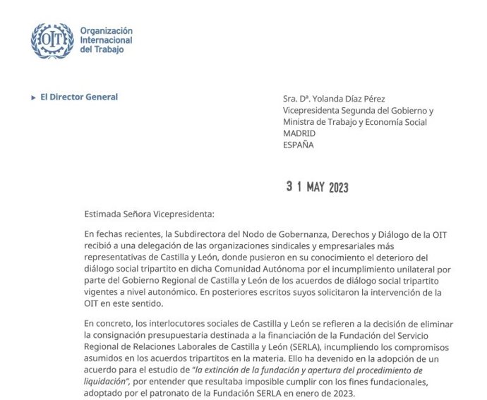 Captura de la carta remitida por el director de la OIT a la vicepresidenta segunda y ministra de Trabajo