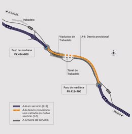 Plano de la zona afectada por las obras en la A-6 en Trabadelo (León).