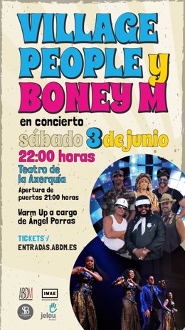Cartel del concierto de 'Village People' y 'Boney M' en el Teatro de la Axerquía del día 3 de junio.