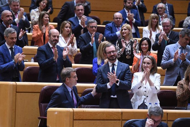 Archivo -  El presidente del Partido Popular, Alberto Núñez Feijóo, el portavoz del Partido Popular en el Senado, Javier Maroto, y la secretaria general del Partido Popular, Cuca Gamarra, durante un pleno del Senado, a 25 de abril de 2023, en Madrid (Espa
