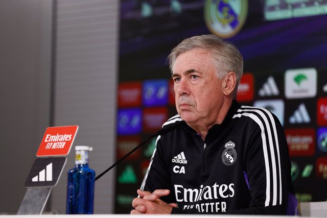 Carlo Ancelotti, head coach, attends his press conference during the Real Madrid training day celebrated at Ciudad Deportiva Real Madrid on May 26, 2023, in Valdebebas, Madrid, Spain.