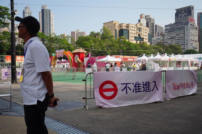 June 2, 2023, Hong Kong, Hong Kong: A staff of the park stands at the entrance and there is a banner writes ''Do not enter''. The upcoming Sunday will be the 34th anniversary of China's Tiananmen Square crackdown (also called as June 4th incident), some