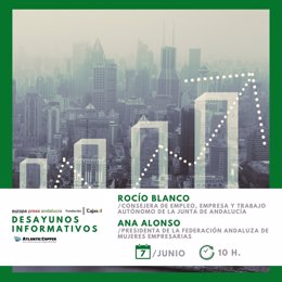 Cartel anunciador del encuentro informativo de Europa Press Andalucía sobre mujeres empresarias con la consejera de Empleo, Empresa y Trabajo Autónomo, Rocío Blanco, el 7 de junio de 2023 en Sevilla