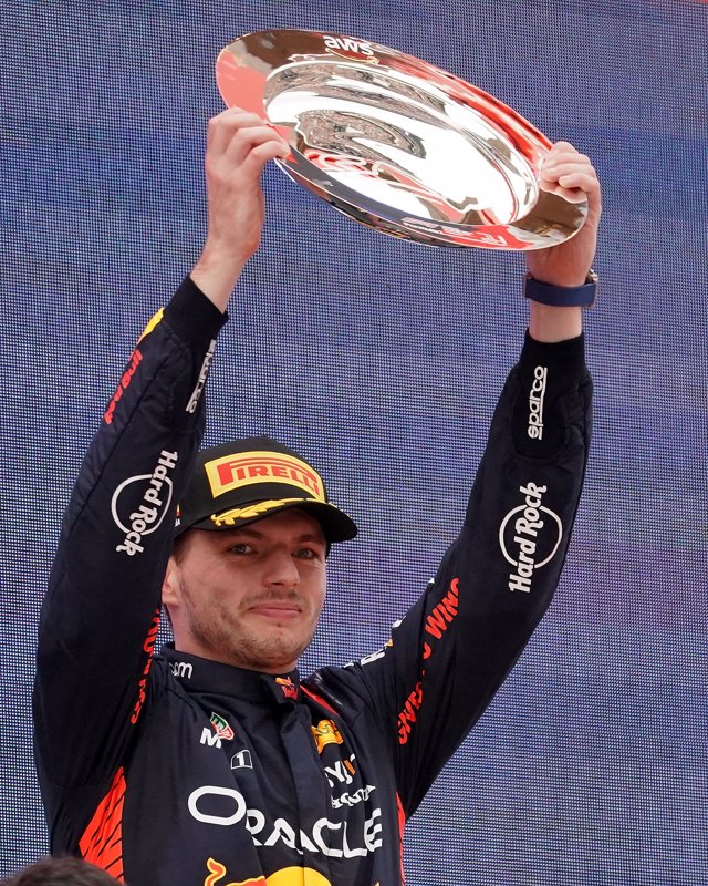 Dutch Formula One driver Max Verstappen of Team Oracle Red Bull celebrates on the podium after winning the 2023 FIA Formula 1 Spanish Grand Prix at the Circuit de Barcelona-Catalunya