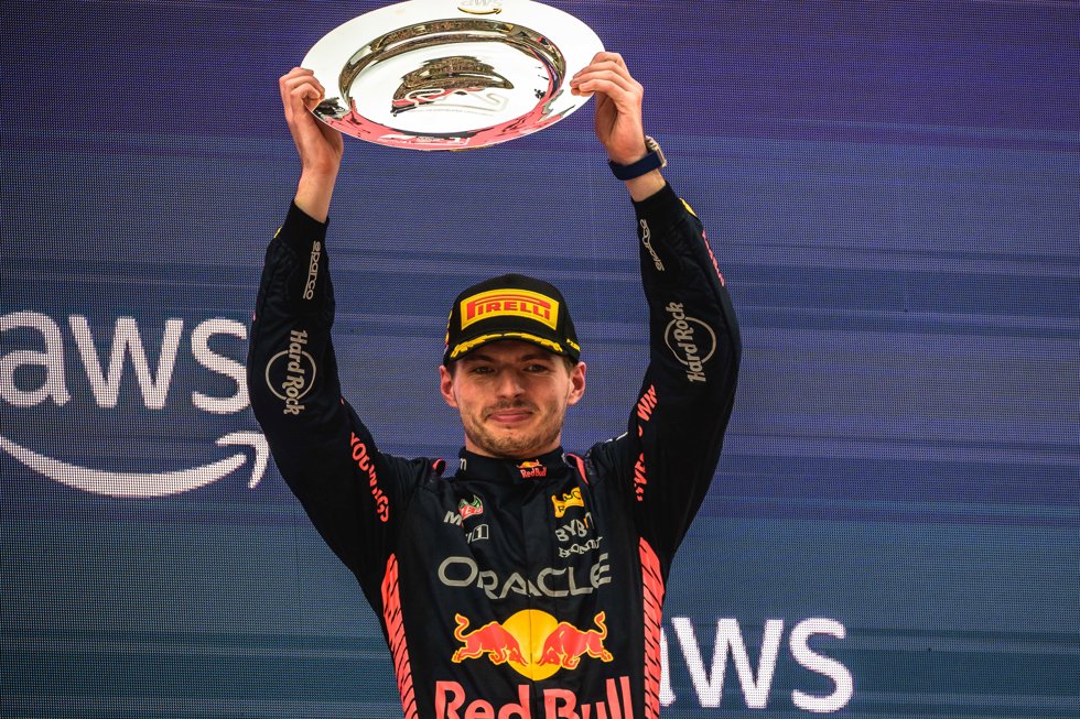 Dutch Formula One driver Max Verstappen of Team Oracle Red Bull celebrates on the podium after winning the 2023 FIA Formula 1 Spanish Grand Prix at the Circuit de Barcelona-Catalunya