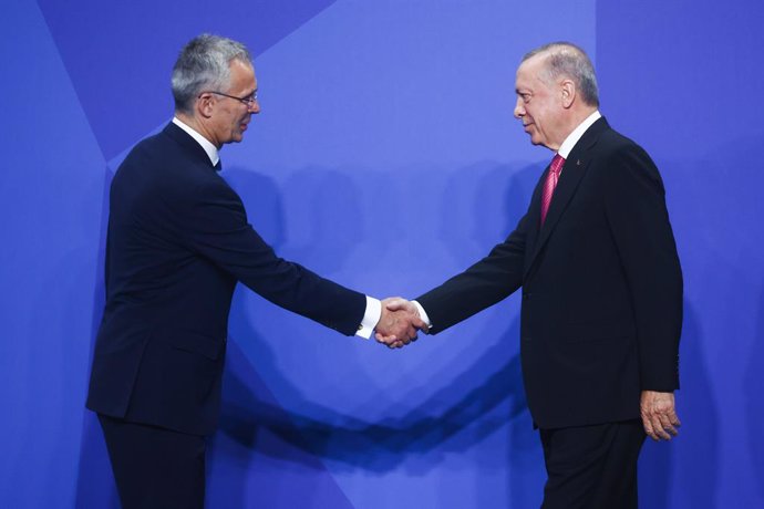 Archivo - June 29, 2022, Madrid, Krakow, Spain: NATO Secretary General Jens Stoltenberg and President of Turkey Recep Tayyip Erdogan attend a welcome ceremony ahead of official family photo during the NATO Summit at the IFEMA congress centre in Madrid, 