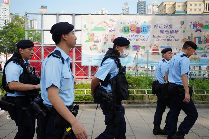 June 2, 2023, Hong Kong, Hong Kong: Police officers patrol around the park with gear. The upcoming Sunday will be the 34th anniversary of China's Tiananmen Square crackdown (also called as June 4th incident), some people in Hong Kong are attempting to m