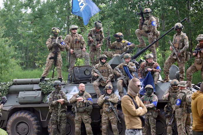 May 24, 2023, Ukraine: Fighters of the Russian Volunteer Corps (RDK) are pictured during a briefing near the border in northern Ukraine.