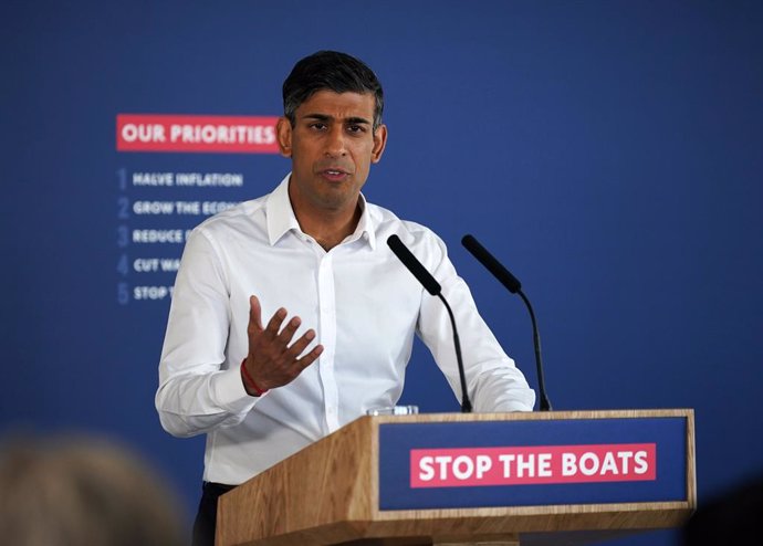05 June 2023, United Kingdom, Dover: British Prime Minister Rishi Sunak speaks during a press conference at Western Jet Foil in Dover, as he gives an update on the progress made in the six months since he introduced the Illegal Migration Bill under his pl