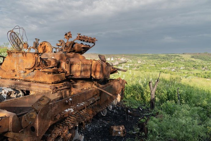 May 31, 2023, Donetsk region, Ukraine: View of destruction of village of Bohorodychne in Donetsk region by Russian forces during occupation from August 2022 until September 2022 from destroyed Russian tank used to shell the village. Russian forces attac