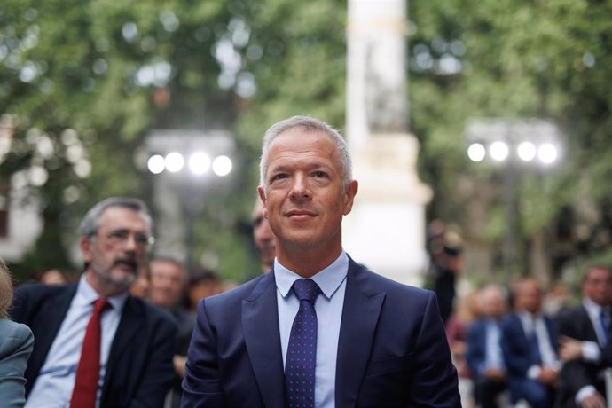 El presidente del Senado, Ander Gil, durante el acto institucional del Día de Europa conmemorativo del LXXIII aniversario de la Declaración de Schuman, en la Plaza de la Marina Española en la Cámara Alta, a 8 de mayo de 2023, en Madrid (España). 