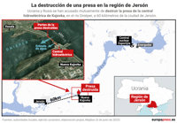 Zelenski acusa a "terroristas rusos" de destruir "con una detonación interna" una presa en Jersón