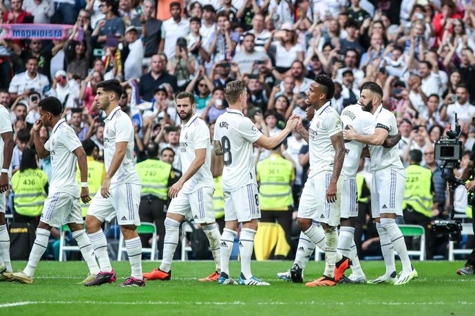Karim Benzema of Real Madrid celebrates a goal during the spanish league, La Liga Santander, football match played between Real Madrid and Athletic Club de Bilbao at Santiago Bernabeu stadium on June 04, 2023, in Madrid, Spain.