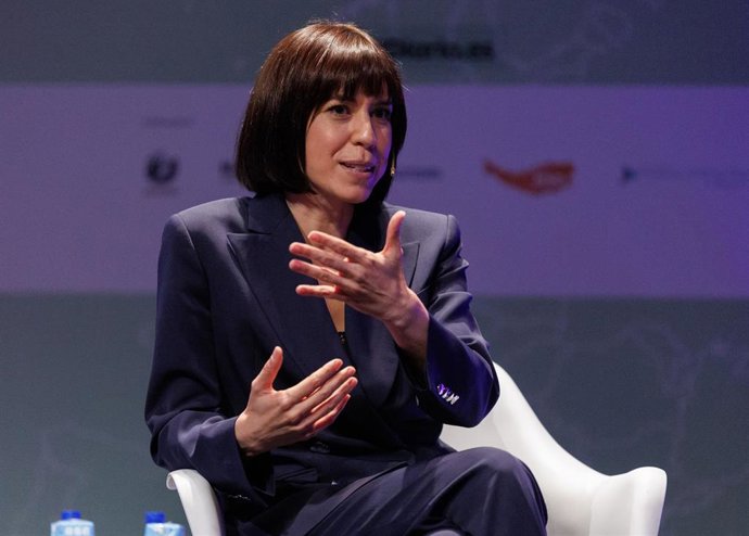 La ministra de Ciencia e Innovación, Diana Morant, interviene durante la III edición del foro Fondos Europeos III: España, por el liderazgo global en economía verde y digital, en el Círculo de Bellas Artes, a 5 de junio de 2023, en Madrid (España). 