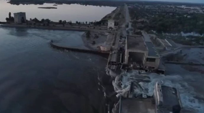 June 6, 2023, Kakhovka, Kherson Oblast, Ukraine: VIDEO AVAILABLE: CONTACT INFO@COVERMG.COM TO RECEIVE**..Footage shared by Volodymyr Zelensky on Tuesday morning (6June2023) claims to show water surging through the destroyed Kakhovka hydroelectric power 