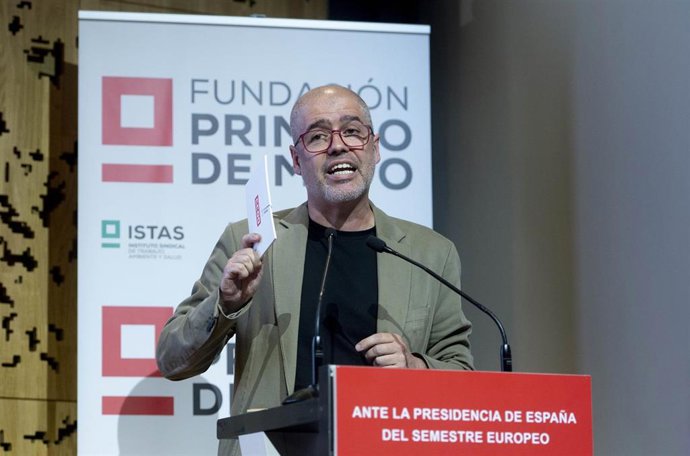 El secretario general de CCOO, Unai Sordo, interviene este martes durante la jornada del sindicato 'La nueva gobernanza europea y la fiscalidad en España'.