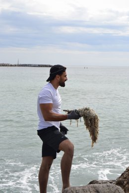Recogiendo toallitas húmedas en la costa de Barcelona.