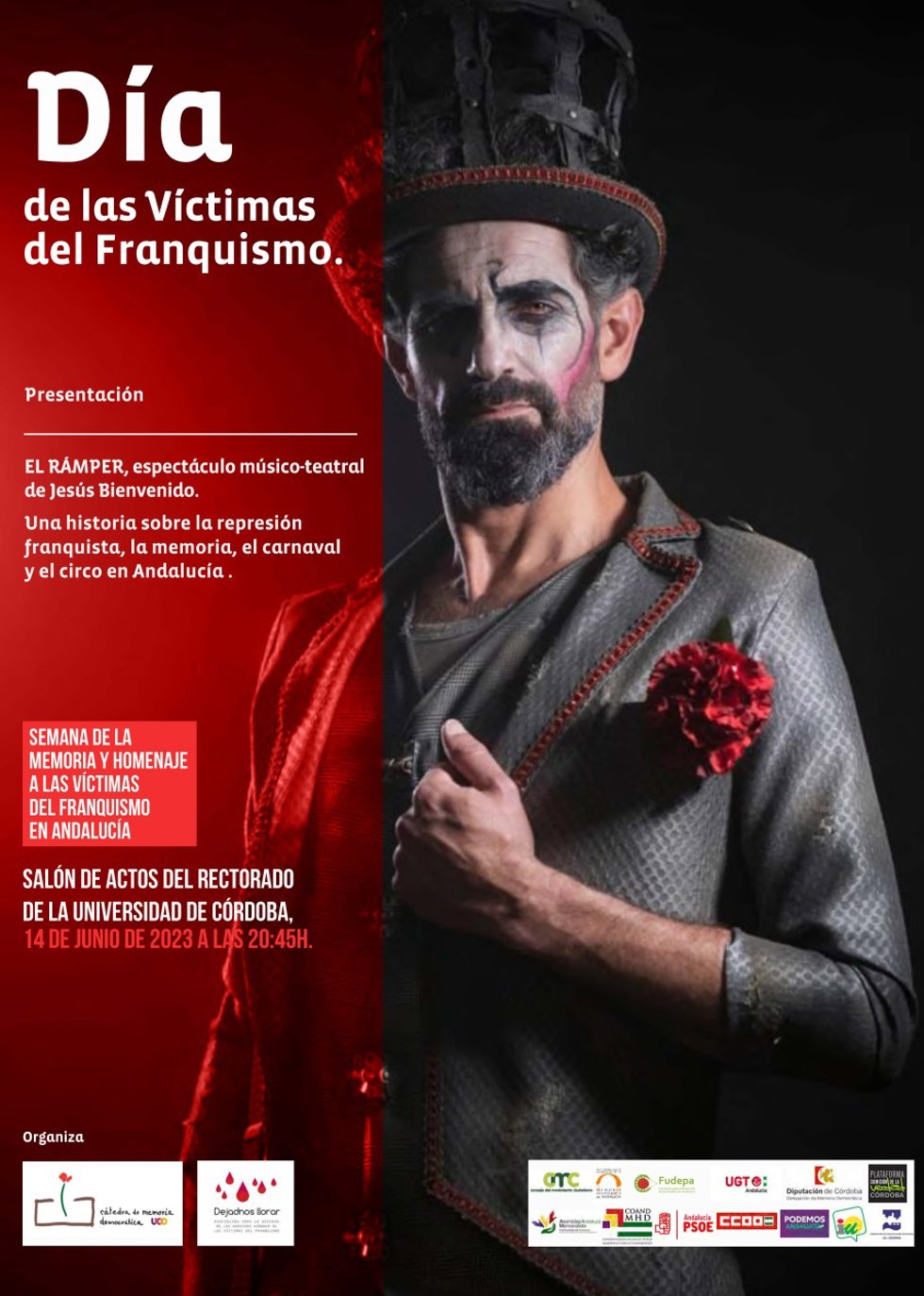 Cartel del acto conmemorativo previsto en el Rectorado de la UCO el 14 de junio, por el Día de las Víctimas del Franquismo.