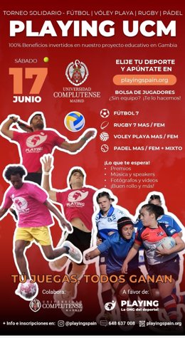 Cartel oficial del torneo de pádel, fútbol, rugby y vóley playa organizado por Playing, la ONG del deporte, en colaboración con la Universidad Complutense de Madrid (UCM) el 17 de junio