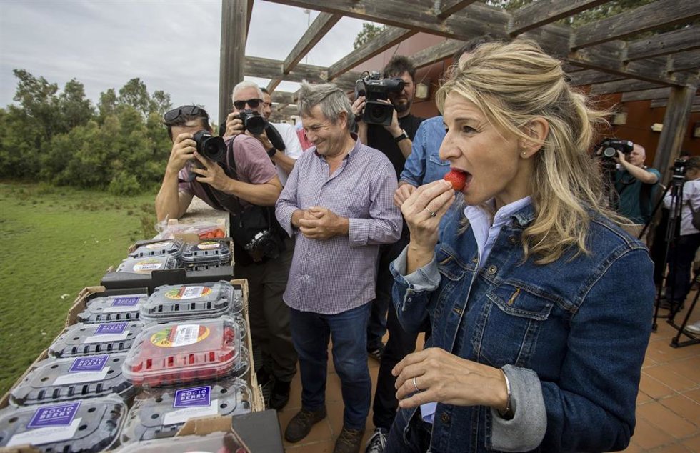 La vicepresidenta segunda del Gobierno y ministra de Trabajo y Economía Social, Yolanda Díaz, comiendo una fresa durante su visita a Doñana.