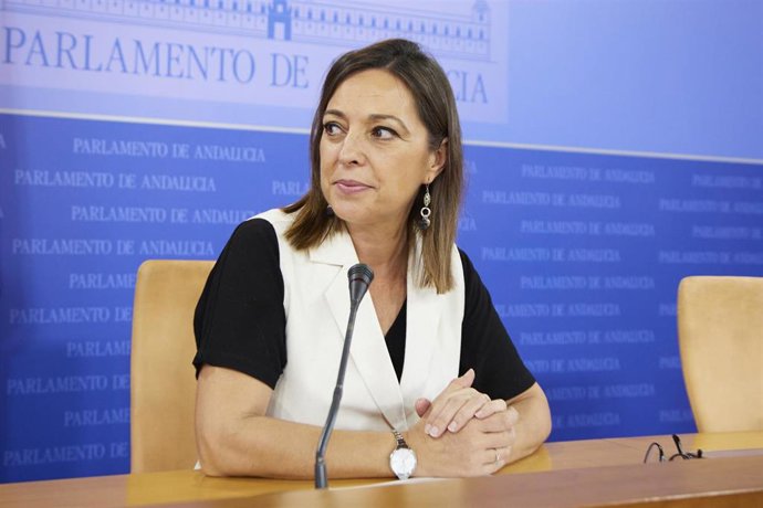 La portavoz adjunta del grupo parlamentario PSOE-A, Isabel Ambrosio, durante la ronda de ruedas de prensa de portavoces de los grupos parlamentarios previa a laJunta de Portavoces en el Parlamento de Andalucía, A 07 de junio de 2023, en Sevilla (Andaluc