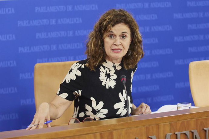 La portavoz adjunta del Grupo Por Andalucía, Esperanza Gómez, durante la ronda de ruedas de prensa de portavoces de los grupos parlamentarios previa a laJunta de Portavoces en el Parlamento de Andalucía, A 07 de junio de 2023, en Sevilla (Andalucía, Esp