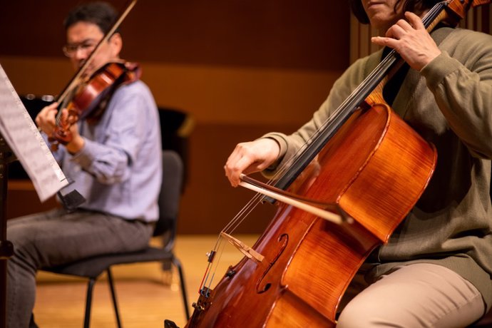 Archivo - Primer plano del músico tocando violonchelo en concierto de música clásica