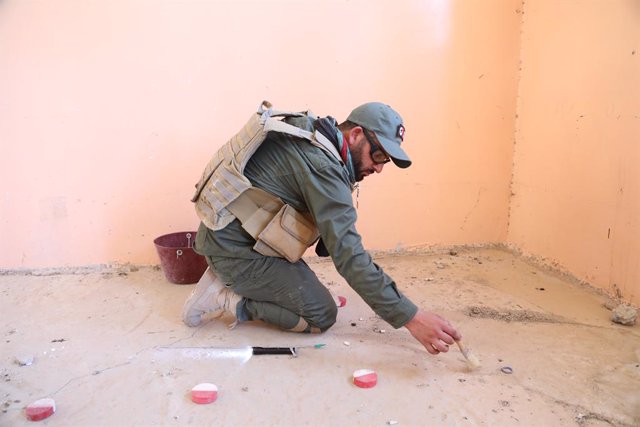 Archivo - Un hombre busca explosivos en una escuela en Sinyar, Irak, tras la expulsión de Estado Islámico
