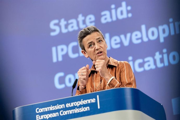 HANDOUT - 08 June 2023, Belgium, Brussels: EU Competition Commissioner Margrethe Vestager speaks during a press conference in Brussels. Photo: Jennifer Jacquemart/European Commission/dpa - ATTENTION: editorial use only and only if the credit mentioned a